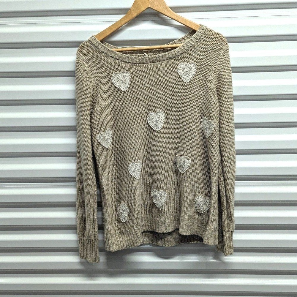 Coquette Cottagecore Heart Lace Applique Romantic Knit Sweater Lauren Conrad L